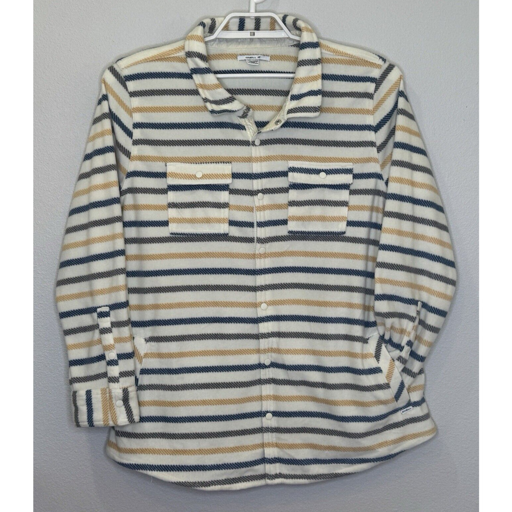O'Neil Mens Fleece Shirt Shacket Size XXL Blue Yellow Stripe Long Sleeve Pockets